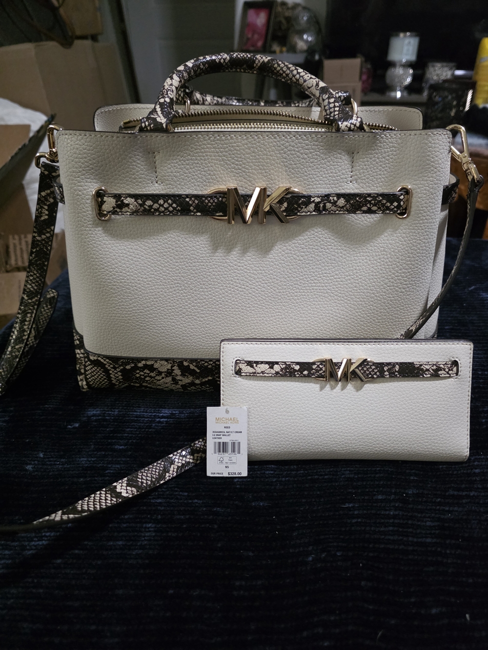 Michael Kors Cream Pebbled Satchel with Snake-Trim Wallet Set